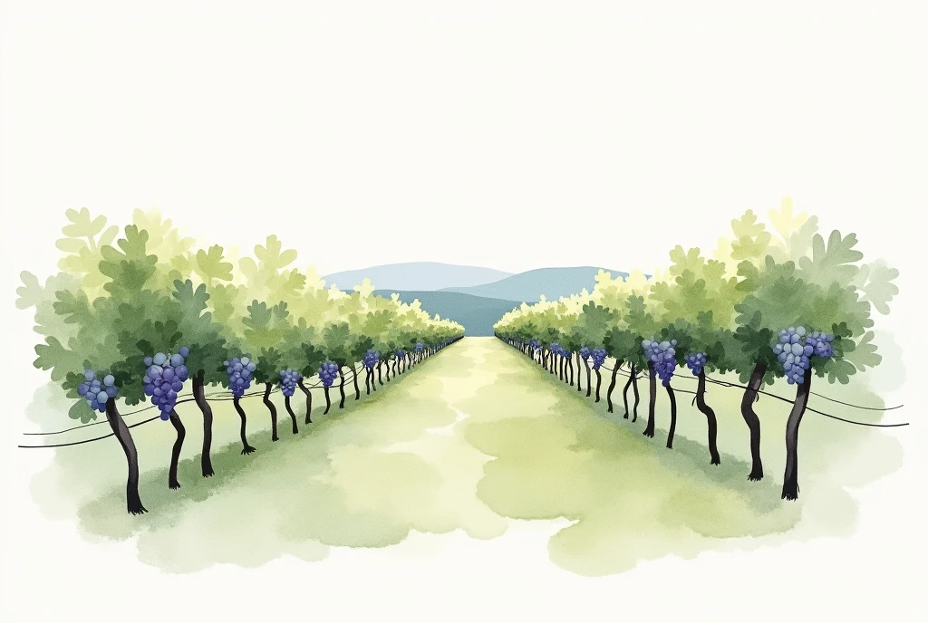 Create a minimalist watercolor illustration of a wine grape plantation, using only two colors. The image should capture the essence of the vines and grapes in a simple and elegant way., with an artistic touch typical of watercolors.minimalism, illustration,