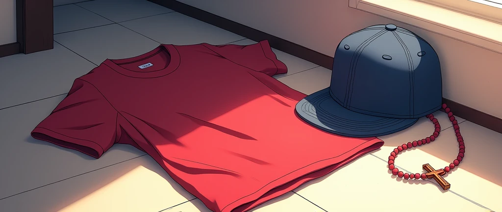 Red T-shirt crumpled on the floor and next to it a baseball cap and a rosary 2d style anime visually beautiful very anime  
Red T-shirt crumpled on the floor and next to it a baseball cap and a rosary 2d style anime visually beautiful very anime Anime style anime