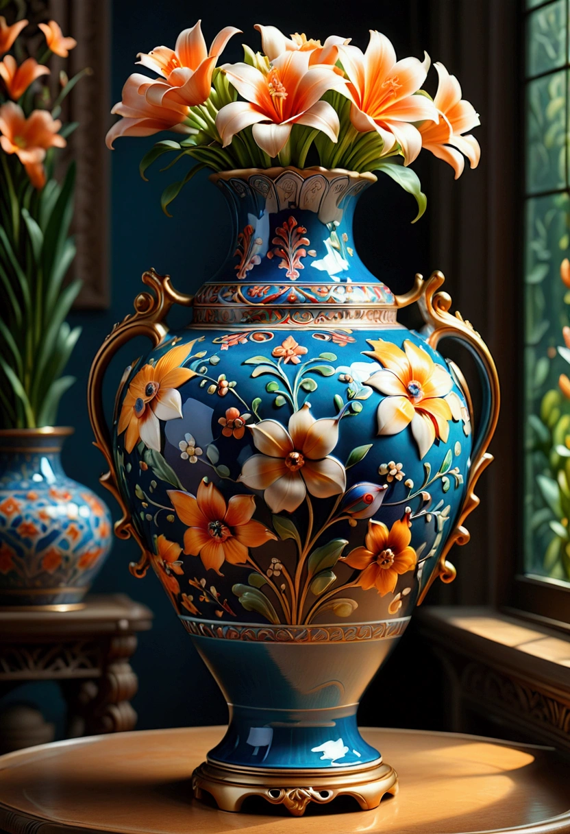 Ceramics, a beautiful ceramic vase, hand-crafted, intricate floral patterns, glossy glazed surface, (4k,8k,highres:1.2), ultra-detailed, (realistic,photorealistic,photo-realistic:1.37), studio lighting, impeccable craftsmanship, delicate brushwork, vibrant colors, elegant design, masterpiece, best quality, very aesthetic, absurdres