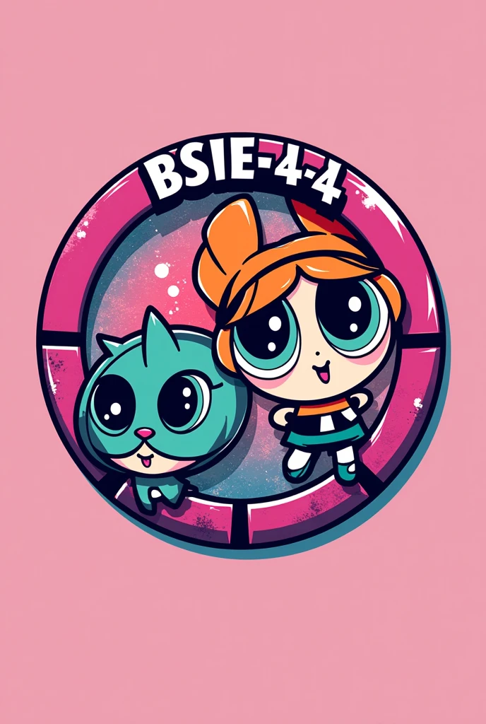 create a circular logo inspired by a girly pop-era aesthetic theme but add a bit of power puff girls inspired era to it with a vibrant color palette. It is for industrial engineering students so I assume add a bit touch of engineering to it a logo for "BSIE 4-4," incorporating a stylish, modern look with a mix of dominating awsthetic pinks and other colors, capturing the essence of a as in a super vibrant and energetic pop aesthetic. add "BSIE 4-4" word in the logo