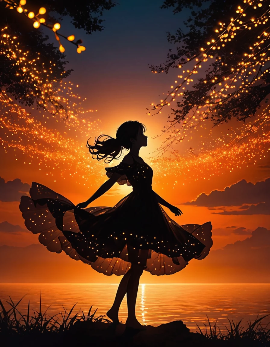 The image depicts a silhouette of a girl standing against a stunning sunset background. The sky transitions from a deep Orange near the horizon to a deep Orange as it ascends. The figure appears to be enveloped in a series of tiny glowing fairy lights, some of which are illuminated, creating a stunning and captivating contrast to the dark silhouette. The figure appears to be holding out one arm, perhaps adjusting to or interacting with the lights. The overall mood of the image is peaceful and magical.