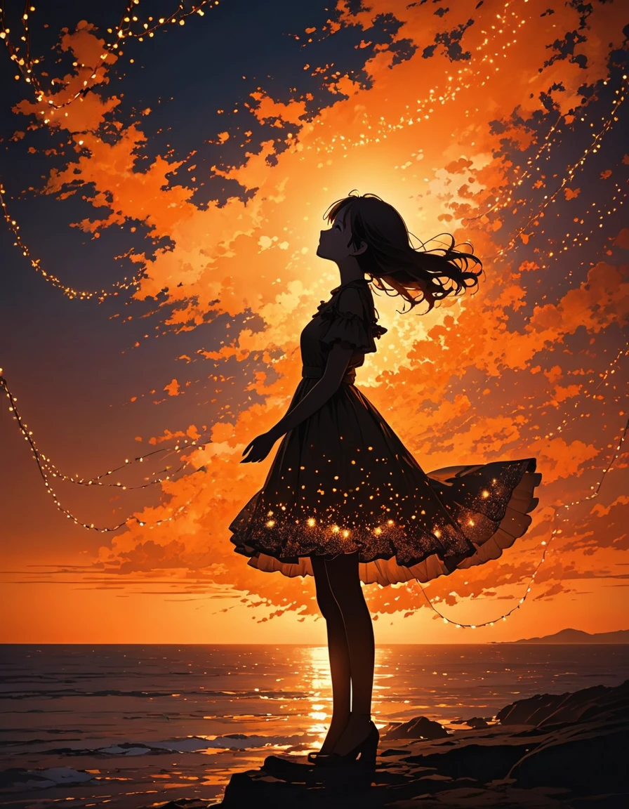 The image depicts a silhouette of a girl standing against a stunning sunset background. The sky transitions from a deep Orange  near the horizon to a deep Orange  as it ascends. The figure appears to be enveloped in a series of tiny glowing fairy lights, some of which are illuminated, creating a stunning and captivating contrast to the dark silhouette. The figure appears to be holding out one arm, perhaps adjusting to or interacting with the lights. The overall mood of the image is peaceful and magical.