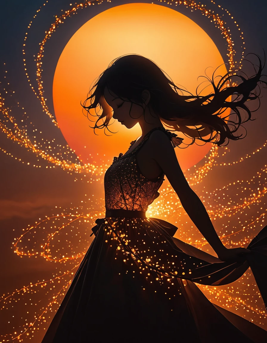 The image depicts a silhouette of a girl standing against a stunning sunset background. The sky transitions from a deep Orange near the horizon to a deep Orange as it ascends. The figure appears to be enveloped in a series of tiny glowing fairy lights, some of which are illuminated, creating a stunning and captivating contrast to the dark silhouette. The figure appears to be holding out one arm, perhaps adjusting to or interacting with the lights. The overall mood of the image is peaceful and magical.