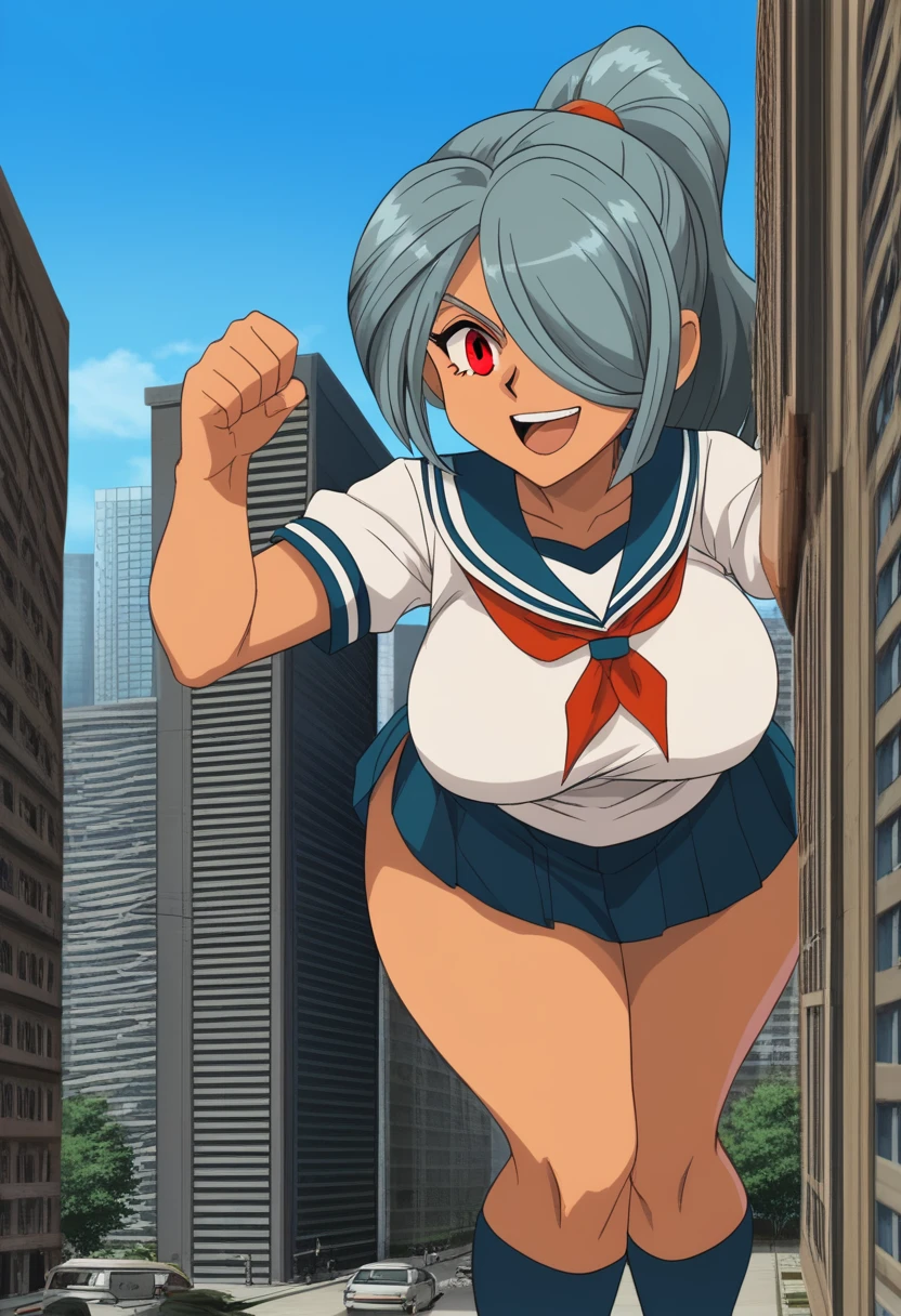 ultra-detailed, detailed face, detailed eyes, retro anime style, cartoon style, front view, dynamic effect, dynamic shot, 

athletic curvy physique, inverted body type, attractive feminine curves, big breasts, curvy legs and arms, feminine curvy figure, (thick thighs, thick calves, thick voluptuous legs, big curvy hip, bare knees), ((style of plump voluptuous body)), 

over-the-calf socks, navy track short, white sailor uniform, white short-sleeved sailor shirt, 
light blue high ponytail hair, (one eye covered with bangs, red glowing eyes), 

1 beautiful giant boy, looking down with gallant smile, (running with destroying buildings, sprinting between buildings, leaning forward, stepping forward, put one foot forward, chasing small people around her feet), rampage, destroying city, destroying buildings, corrupted buildings, running with rolling rubble dust up, crushing building with his hand, crushing one small man with his foot, scattered rubble around his steps, towering, overwhelming, terrible, 

building size, nathan, gesugao, 