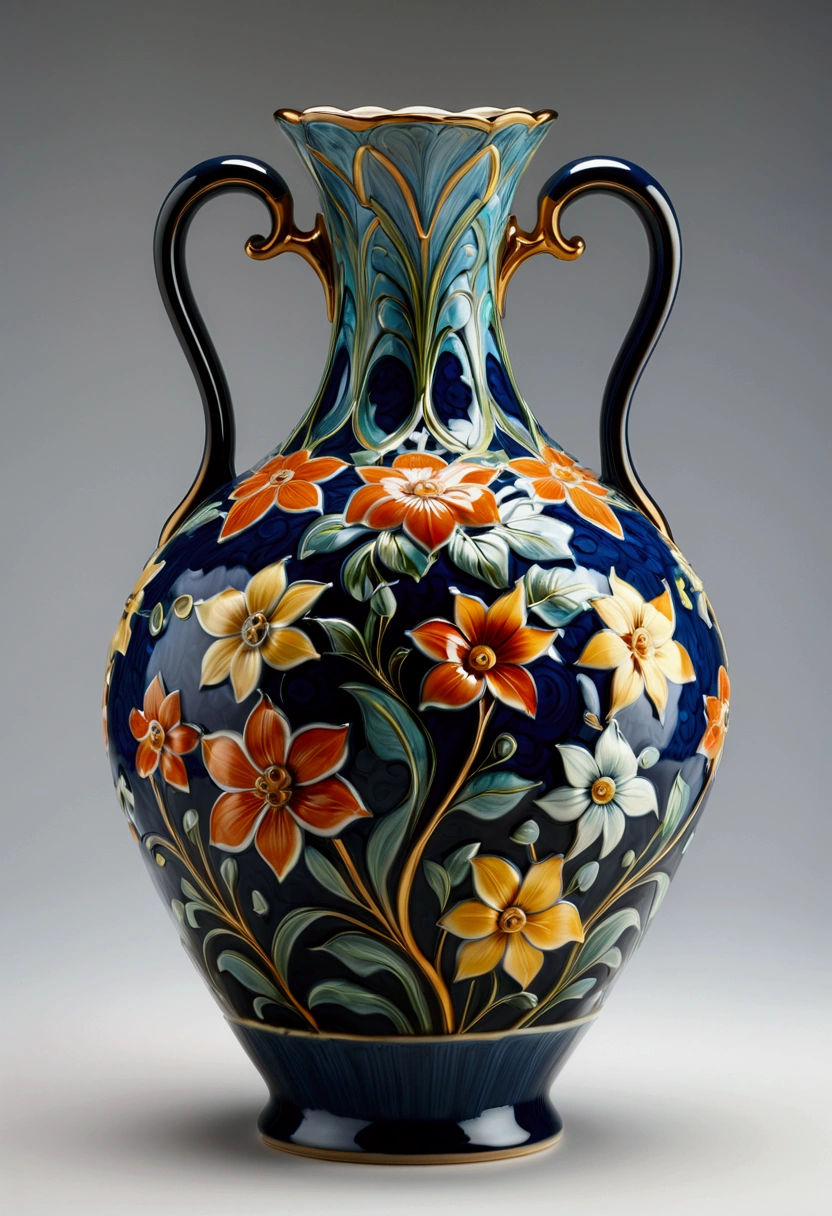 Ceramics, a beautiful ceramic vase, hand-crafted, intricate floral patterns, glossy glazed surface, (4k,8k,highres:1.2), ultra-detailed, (realistic,photorealistic,photo-realistic:1.37), studio lighting, impeccable craftsmanship, delicate brushwork, vibrant colors, elegant design, masterpiece, best quality, very aesthetic, absurdres