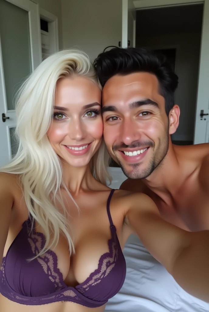 A realistic photo of three Thai siblings. (2 men, 1 woman) A sexy white-haired young woman in a purple lace bra is taking a selfie and is clearly seen with her husband and lover., The three of them were excited about the situation and enjoyed the teasing., Another man sitting on the bed, hugging, kissing and passionately kissing. She looked very excited and her breasts were showing..,