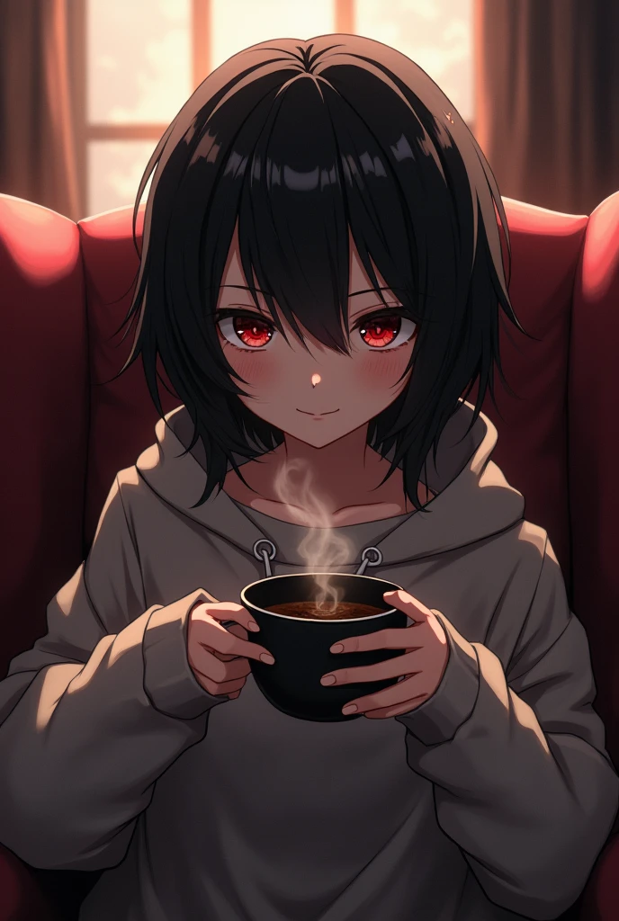 Young anime cannibal with black hair and dark red eyes wearing a sweater with a coffee in his hands and a small smile sitting in an armchair.