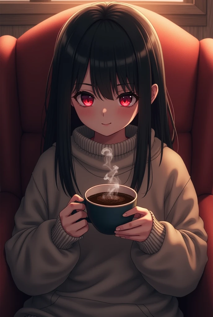 Young anime cannibal with black hair and dark red eyes wearing a sweater with a coffee in his hands and a small smile sitting in an armchair.