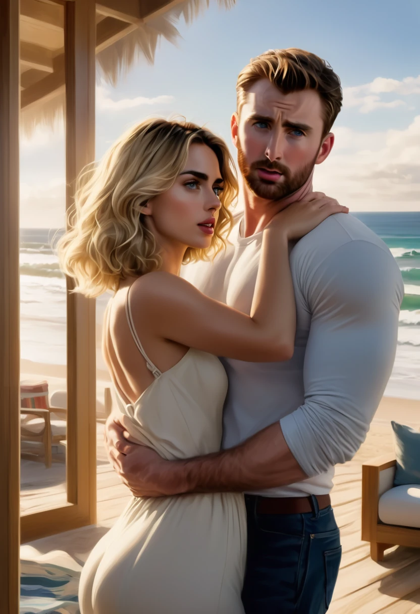 Generate the image of a couple. 
 The beautiful Ana de Armas, gold eyes, short wavy blonde hair. 
And the beautiful Chris Evans.
Both in a beach house, the scene denotes sensuality and passion.
