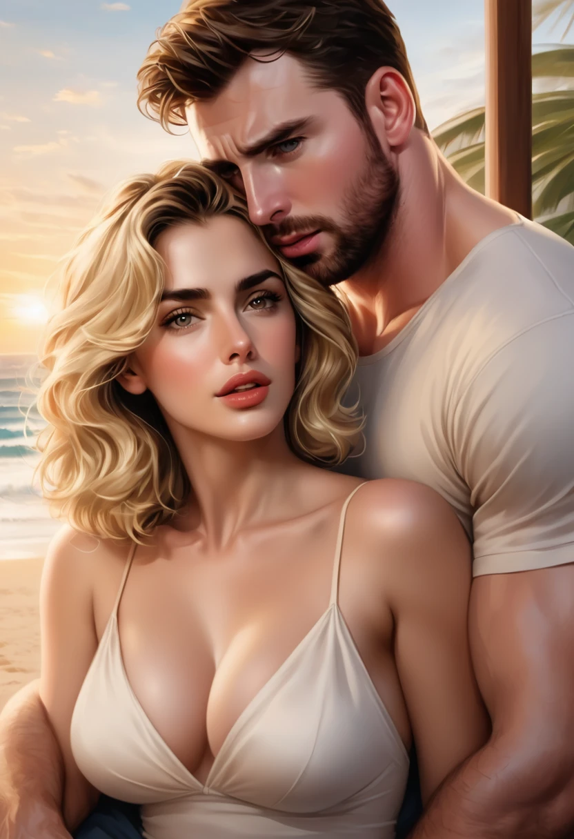 Generate the image of a couple.
The beautiful Ana de Armas, gold eyes, short wavy blonde hair.
And the beautiful Chris Evans.
Both in a beach house, the scene denotes sensuality and passion.