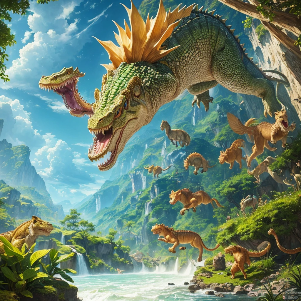 (Highest quality,4K,High resolution,masterpiece:1.2),Very detailed、Animal Fusion、crocodile+Lion、Creatures、Fantasy、All in one、Great impact、Full of presence、Hall々、Capture the whole picture