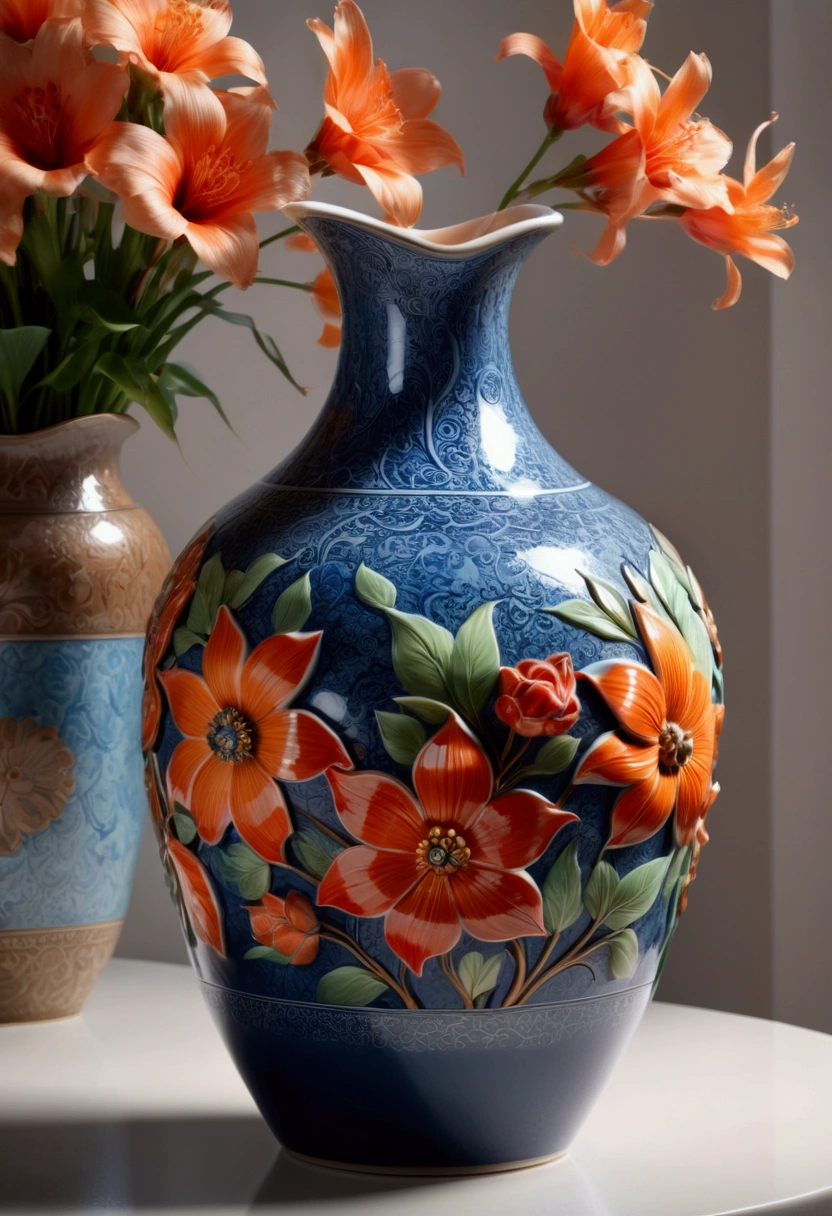 Ceramics, a beautiful ceramic vase, hand-crafted, intricate floral patterns, glossy glazed surface, (4k,8k,highres:1.2), ultra-detailed, (realistic,photorealistic,photo-realistic:1.37), studio lighting, impeccable craftsmanship, delicate brushwork, vibrant colors, elegant design, masterpiece, best quality, very aesthetic, absurdres