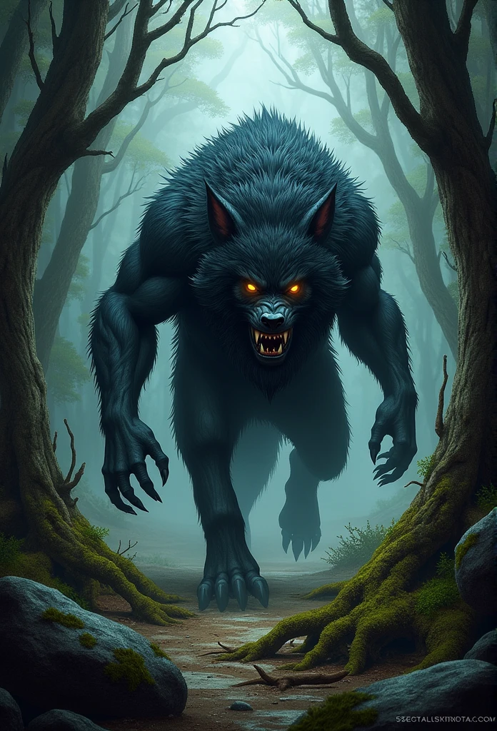 Coastal werewolf, hiding in dense forest, spiky black fur, muscular body, and dark and chilling atmosphere