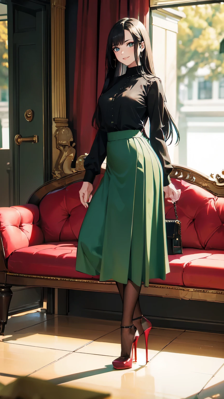 ((masterpiece, high resolution, better quality, better details)), ((Smiling)), ((one girl)) a girl standing, full body, maxi green skirt, blouse,((louboutin high heels)), green eyes , ((black hair, long hair)), shiny skin, ((behind view)), solo, full body, focus full body, high heels, in office, working secretary