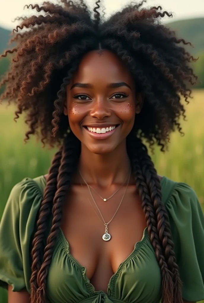 a real image of a young black woman with long afro braids, with freckles on her face and a friendly smile, with silver necklace, with green country dress 