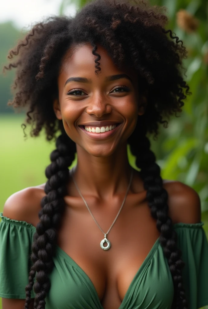 a real image of a young black woman with long afro braids, with freckles on her face and a friendly smile, with silver necklace, with green country dress 