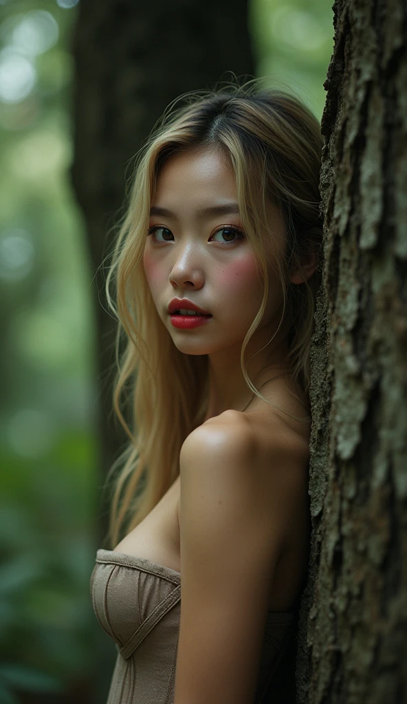 (1girl:1.3), (view the viewer:1.4), supermodel, woman with detailed blonde hair, , 1 girl, 14 years, chinese girl, in a sexy sheer corset, standing in a forest peeking from behind the tree at the viewer, closeup fantasy , , rouge lipstick, wet dripping hair,HUGE BREASTS AND CAN SEE DETAILED CLEAVAGE,, DETAILED ABS,ABS,ABS, HAS A VERY CUTE SMILE