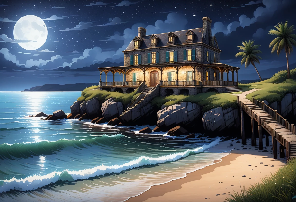 stone pier, coastal pier house, house ruins, night, dark night, dark skies, masterpiece quality, ultra HD, 4K, best quality