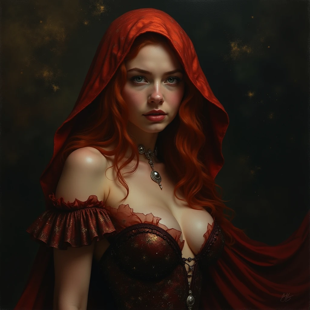 Beauty, realism, cinematography, chiaroscuro, rays of light, play of shadow and light, cinematic quality, drawing with dry chalk, Pastel, Cinematic style, 
a painting of a woman in a black dress, award-winning fantasy art, red hoods, beautiful redhead woman, by Hamish MacDonald, covered sfw huge breasts, 2021 award winning painting, black and terracotta, blonde girl in a cosmic dress, beautiful female assassin, melancholic expression, mystique