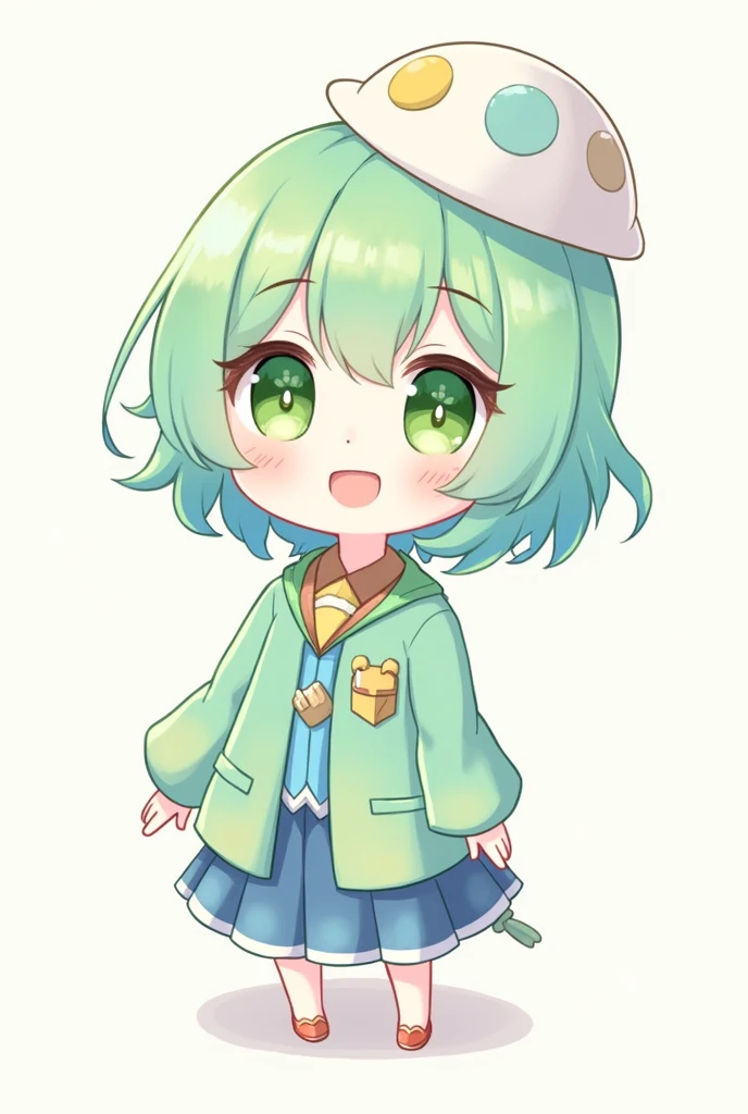 a girl with short green hair with blue gradation, wearing Klee clothes from genshin impact. smiling in chibi style