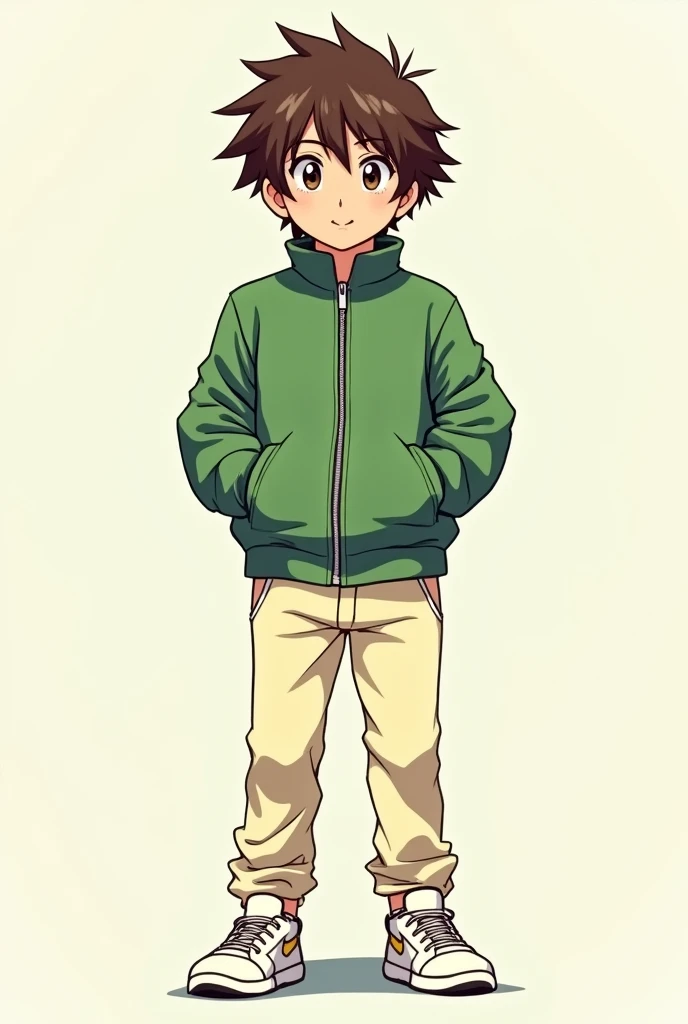 (anime)a boy with brown hair,with a green jacket,with cream-colored pants and white shoes