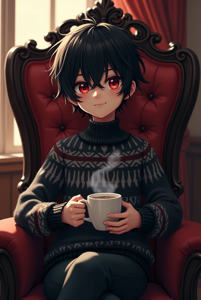 Young cannibal anime boy with black hair and dark red eyes wearing a sweater with a coffee in his hands and a small smile sitting in an armchair.