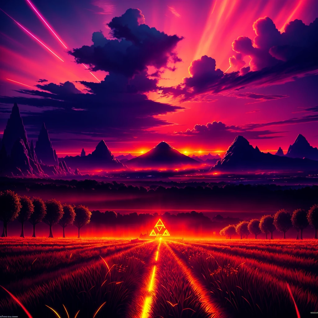 Hyrule Field from The Legend of Zelda with a futuristic look and neon lights and orange sky