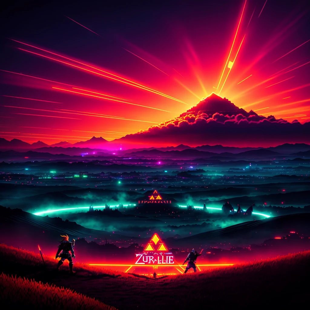 Hyrule Field from The Legend of Zelda with a futuristic look and neon lights and orange sky