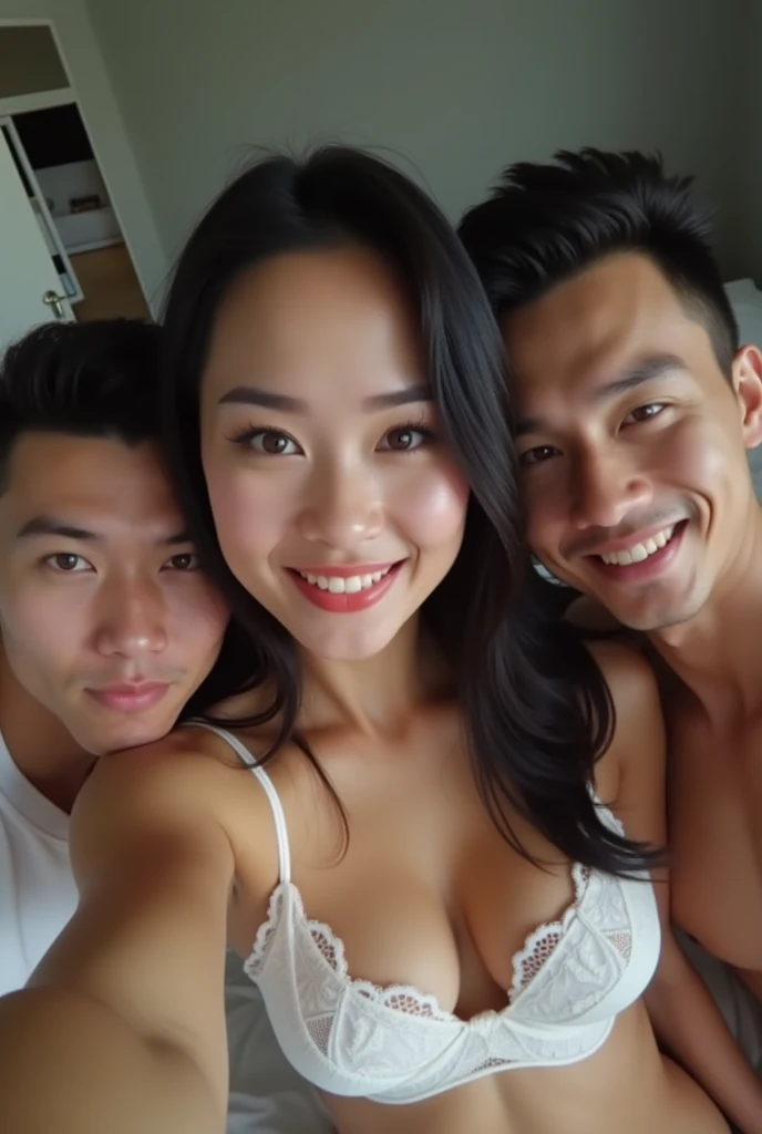 A realistic photo of three Thai siblings. (2 men, 1 woman) A sexy black-haired young woman in a black bra is taking a selfie and is clearly visible with her husband and lover., The three of them were excited about the situation and enjoyed the teasing., Hugs, kisses, and passionate kisses. She looked so excited and her boobs were showing.., 