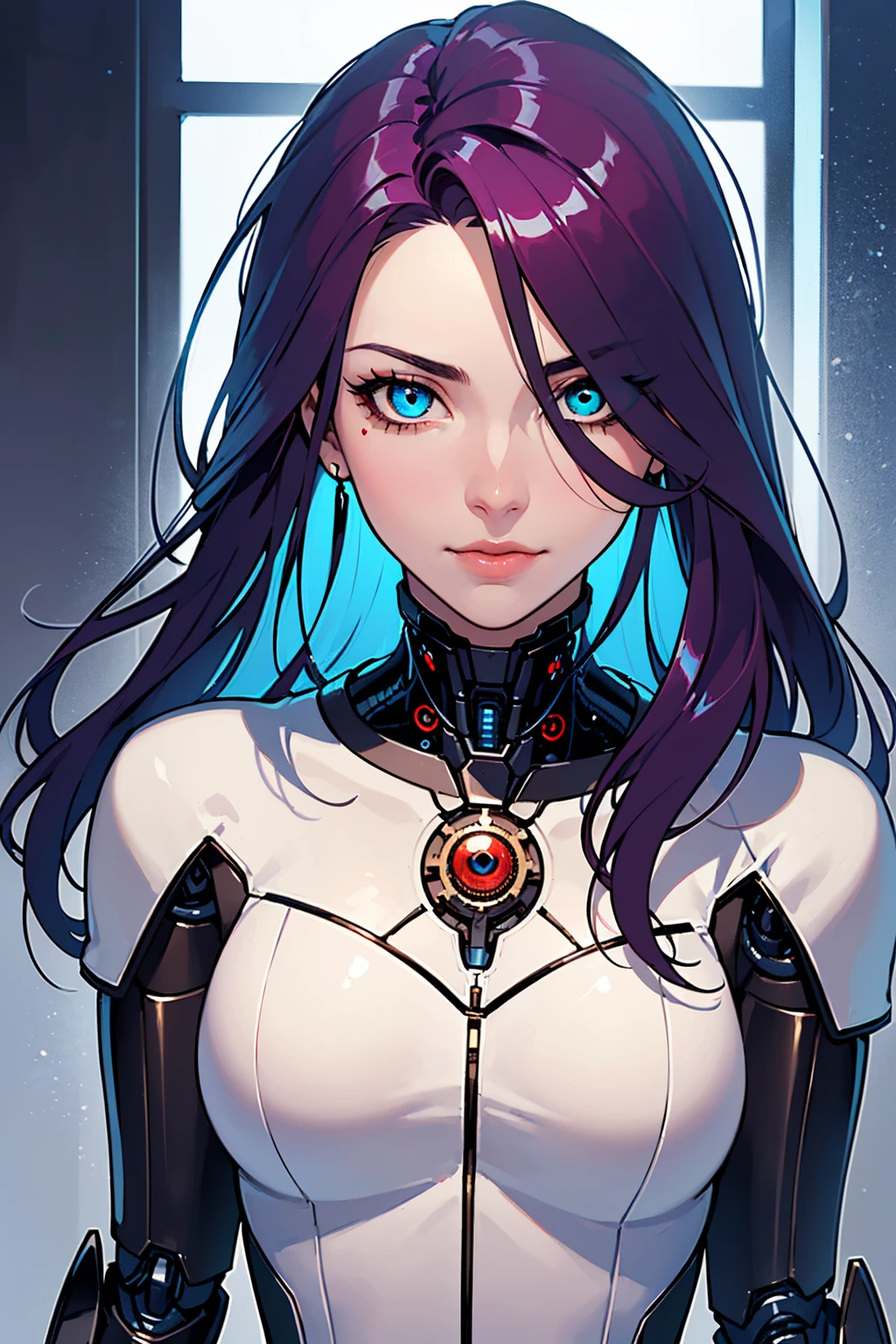 1girl, (masterpiece1.6, perfect face1.6), ((long dark purple hair)), (white skin tone), (((((1 red eye and one blue eye, perfect anatomy))))), ((perfection)), small figure, (((shiny skin, realistic skin texture, 90s style))), ((((80/20 human to cybernetic, clockwork)))), 8k, 4k resolution, highly detailed, (beautiful mature woman1.4, squinted eyes), (((top-half picture))),