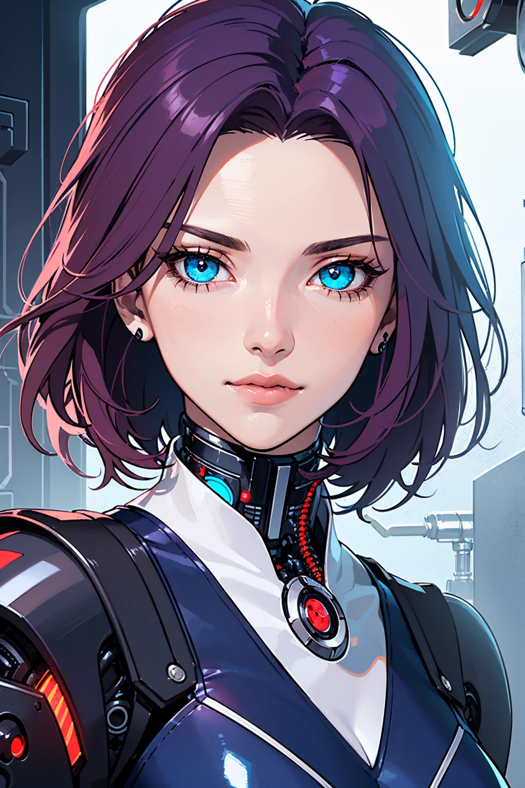1girl, (masterpiece1.6, perfect face1.6), ((long dark purple hair)), (white skin tone), (((((1 red eye and one blue eye, perfect anatomy))))), ((perfection)), small figure, (((shiny skin, realistic skin texture, 90s style))), ((((80/20 human to cybernetic, clockwork)))), 8k, 4k resolution, highly detailed, (beautiful mature woman1.4, squinted eyes), (((top-half picture))),