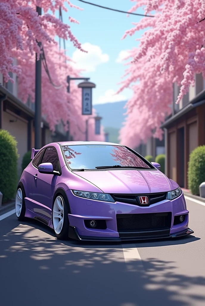 A 2010 Honda Civic in lavender color with a front lip and side skirts and simple white wheels on a street in Japan with realistic flowering tree scenery in wallpaper format.