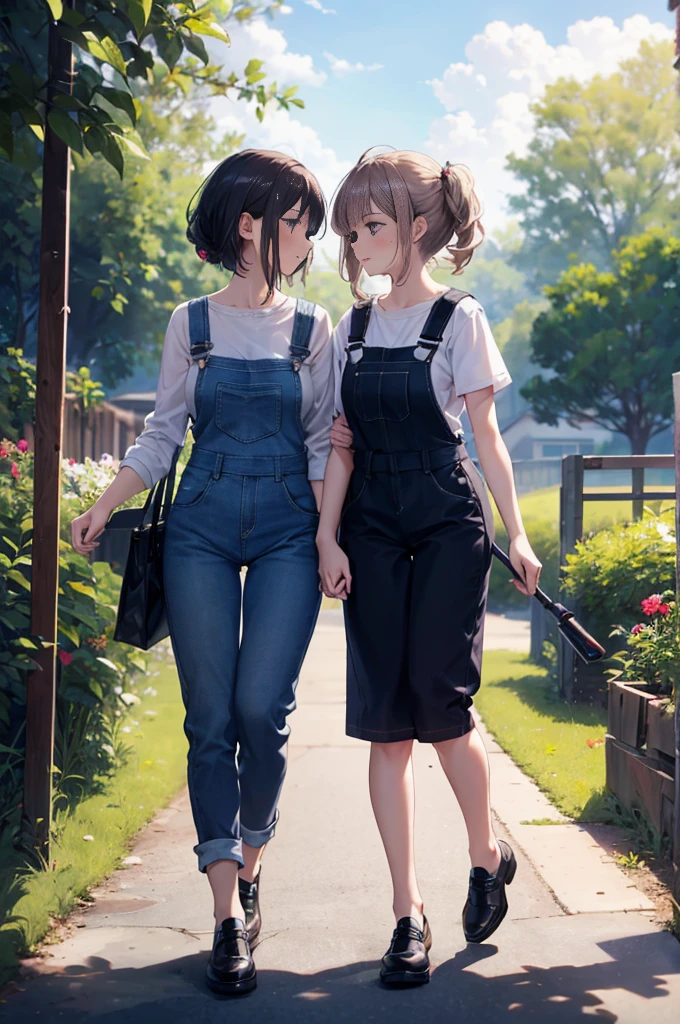 (masterpiece), 4K,{{{2 women}}}, Lesbian，shoes，,Random Hairstyles,((Lesbian )),Shooting from afar,During farm work,Overalls,camisole,garden,Holo,apron