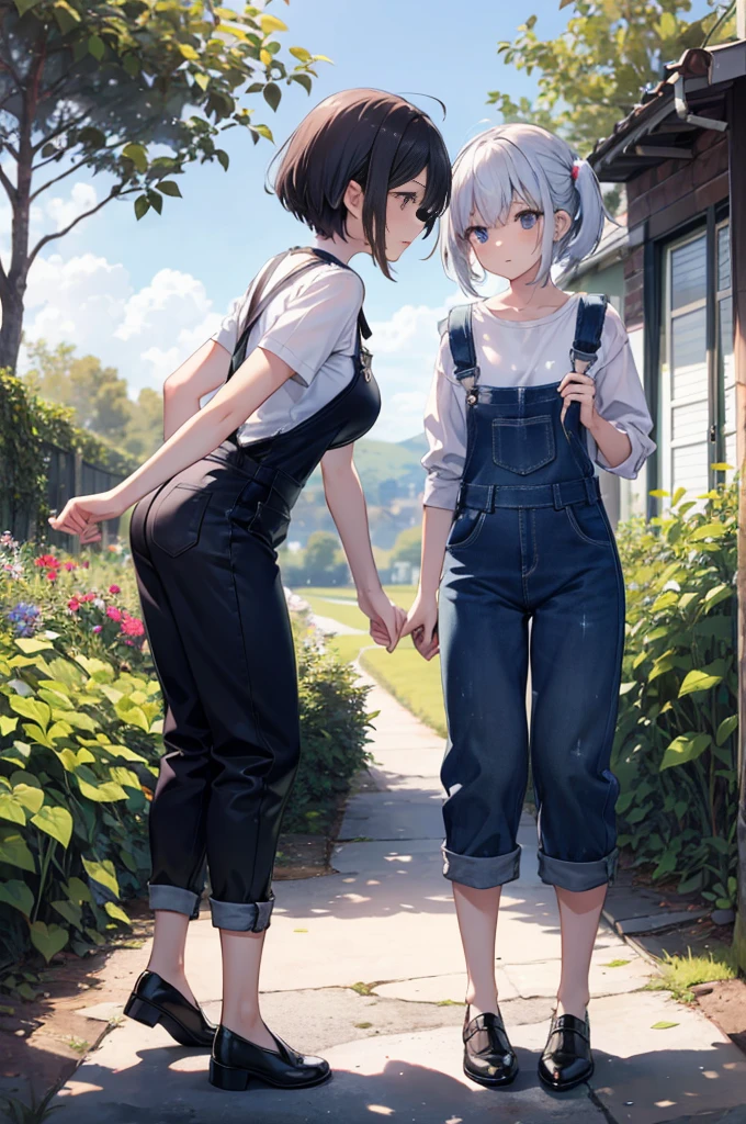 (masterpiece), 4K,{{{2 women}}}, Lesbian,shoes,,Random Hairstyles,((Lesbian )),Shooting from afar,During farm work,Overalls,camisole,garden,Holo,apron