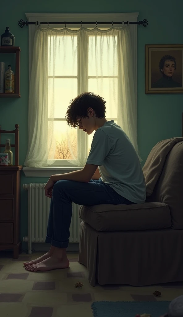 a person concentrating inside their own home alone in the room with a fading light