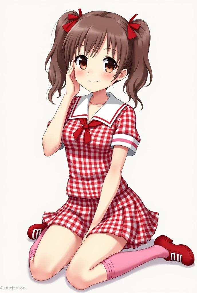 red checkered outfit、twin tail、cute、pretty face face、short skirt、realistic、top quality、masterpiece、slim、、AKB48 costume、smile、AKB48 극장 slim 다리、pink knee high socks、 1st grade elementary school, The whole body, sexy elementary school girl, Sit down, Clear face, Bed Elementary School, full photo, Full Shot, The child's body, Even the shoes are out,