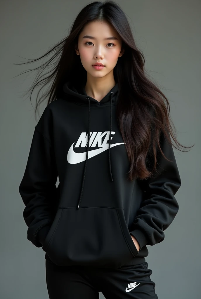 Une belle brune coréenne aux yeux bridés aux cheveux longs portant un sweat-shirt nike a capuche noir Nike et un pantalon noir Nike assorti,