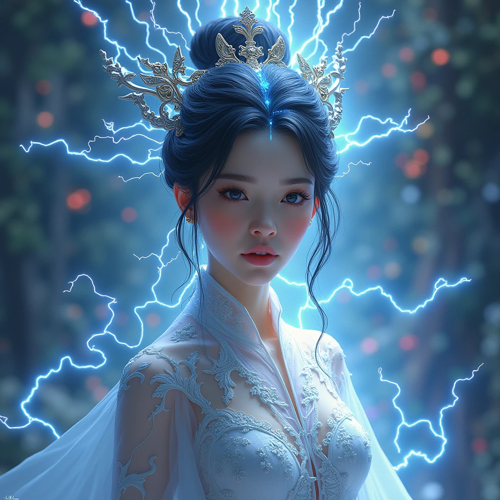 masterpiece, intricate details,lightning and electricity transforms into a stunning chinese princess, abstract, surreal colours, fractal art, mythp0rt