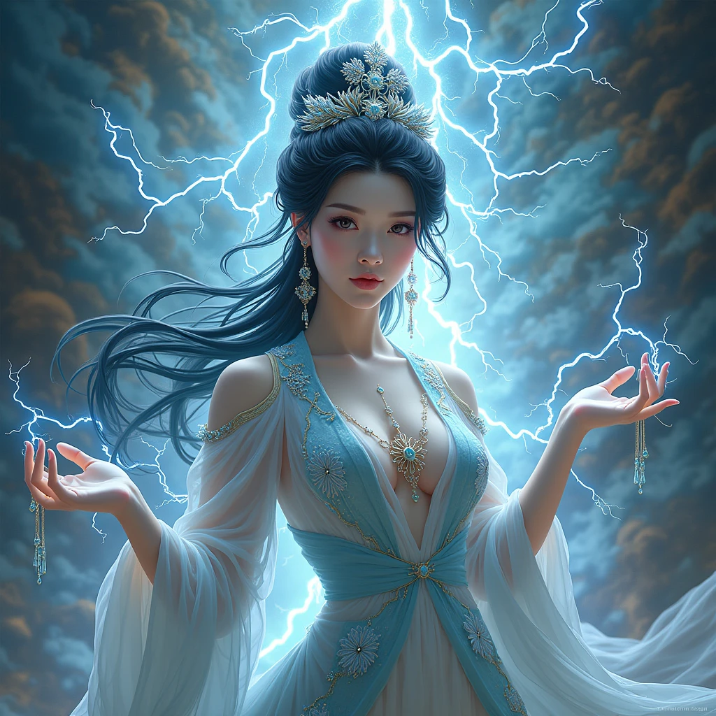 masterpiece, intricate details,lightning and electricity transforms into a stunning chinese princess, abstract, surreal colours, fractal art, mythp0rt