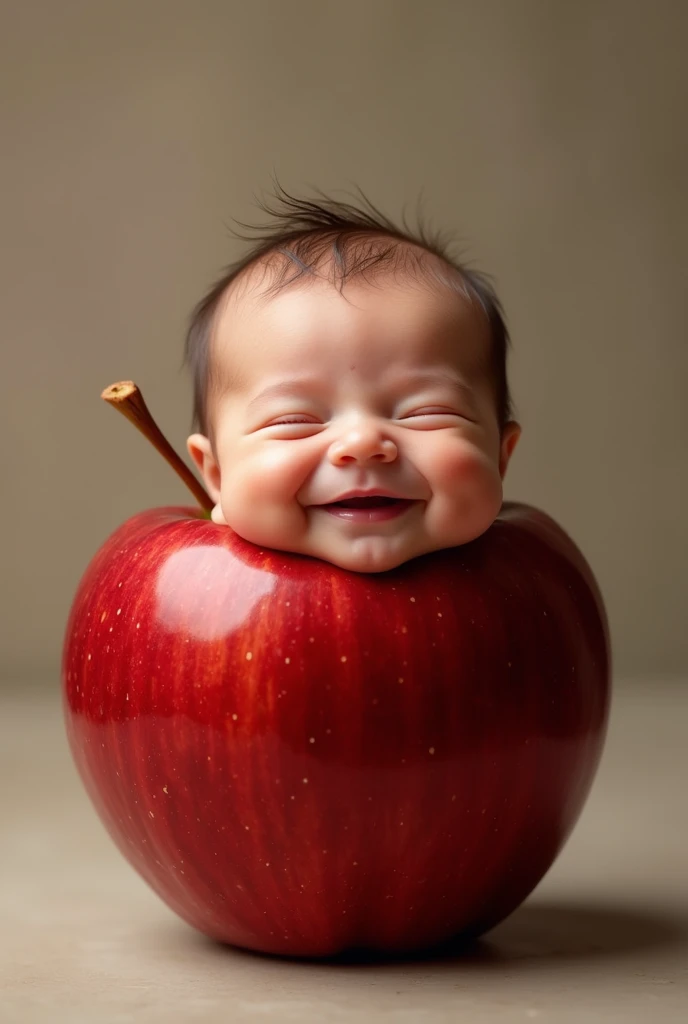 Excessive detail of a red apple with a cute smiling newborn head visible from above in a realistic fashion show as in real life and full body