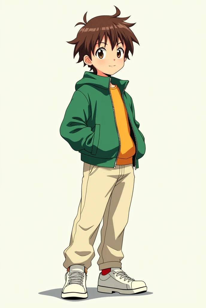 (anime)a boy with brown hair,with a green jacket,with cream-colored pants and white shoes