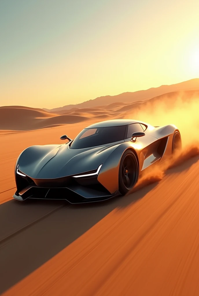 image of a sleek sports car launching at high speed on a vast desert landscape. The car should have a futuristic design with a low profile, sharp angles, and bright headlights. Dust and sand should be kicked up from the tires, trailing behind as the car accelerates. The desert should feature rolling dunes and a clear sky with a golden sunset, casting long shadows and warm light. Capture the motion blur from the rapid movement and include subtle reflections on the car's polished surface."