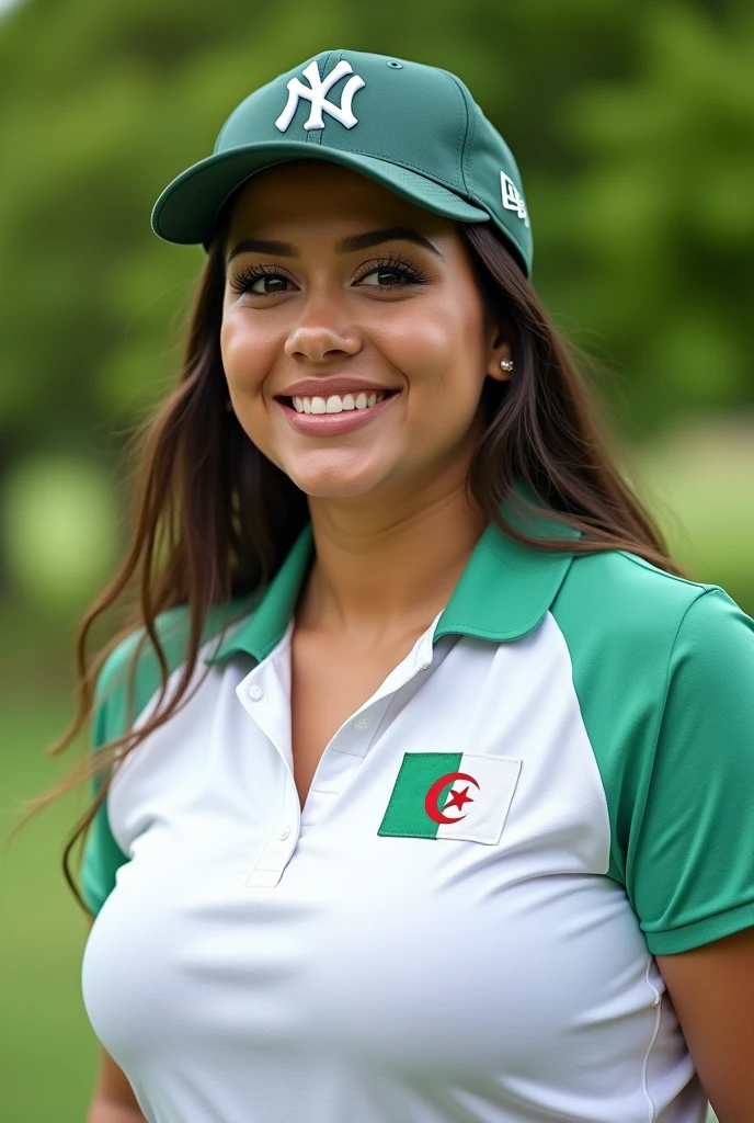 Close up, attractive woman, fat, Gorra ny yankees team 9fifty, white block polo shirt, with green and white Algerian flag detail, green nature background