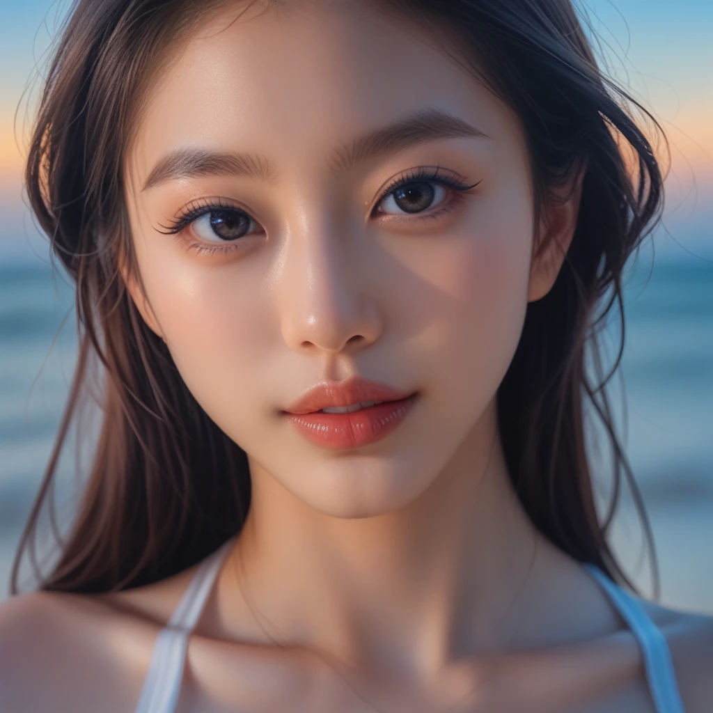 a beautiful elegant japanese supermodel in an elegant swimsuit, close-up portrait, beautiful detailed eyes, beautiful detailed lips, extremely detailed face, long eyelashes, , amazing proportions, against a clear blue sky, overcast sky, outdoor, high-key lighting, soft shadows, dark theme, score_9, score_8_up, score_7_up, best quality, masterpiece, realistic, photorealism, film grain, photo by fuji-pro plus-ii film