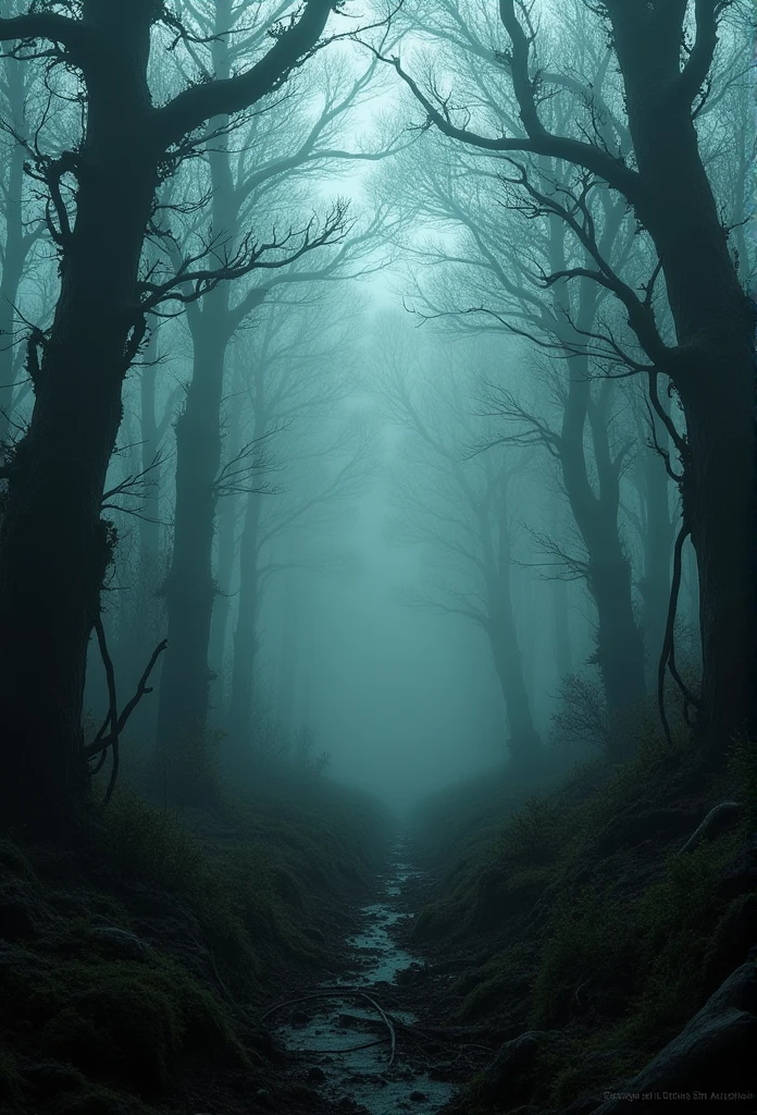 Dark, horrifying forest, dense forest, high fog, an image that creates tension in the viewer, a dark, macabre forest that is frightening