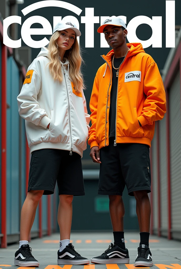 "Generates an image of a 20-year-old blonde girl, full body view, with a sexy and stylish appearance, with a rapper boy. They both wear white caps with the word **'CENTRAL'** featured, white parkas with the same word **'CENTRAL'** prominently printed, fitted black shorts, and black Vans sneakers. The background should simulate the cover of a magazine, highlighting a modern and urban style, with bold typography and a contemporary design that emphasizes its appeal and