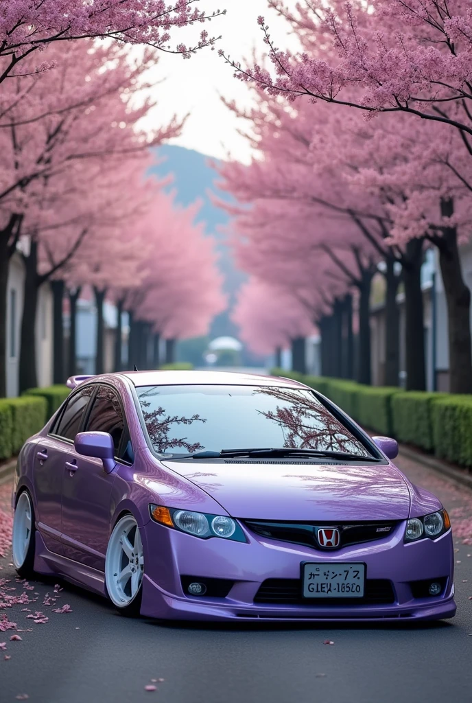 A 2008 Honda Civic in lavender color with a front lip and side skirts and simple white wheels on a street in Japan with realistic flowering tree scenery in wallpaper format.