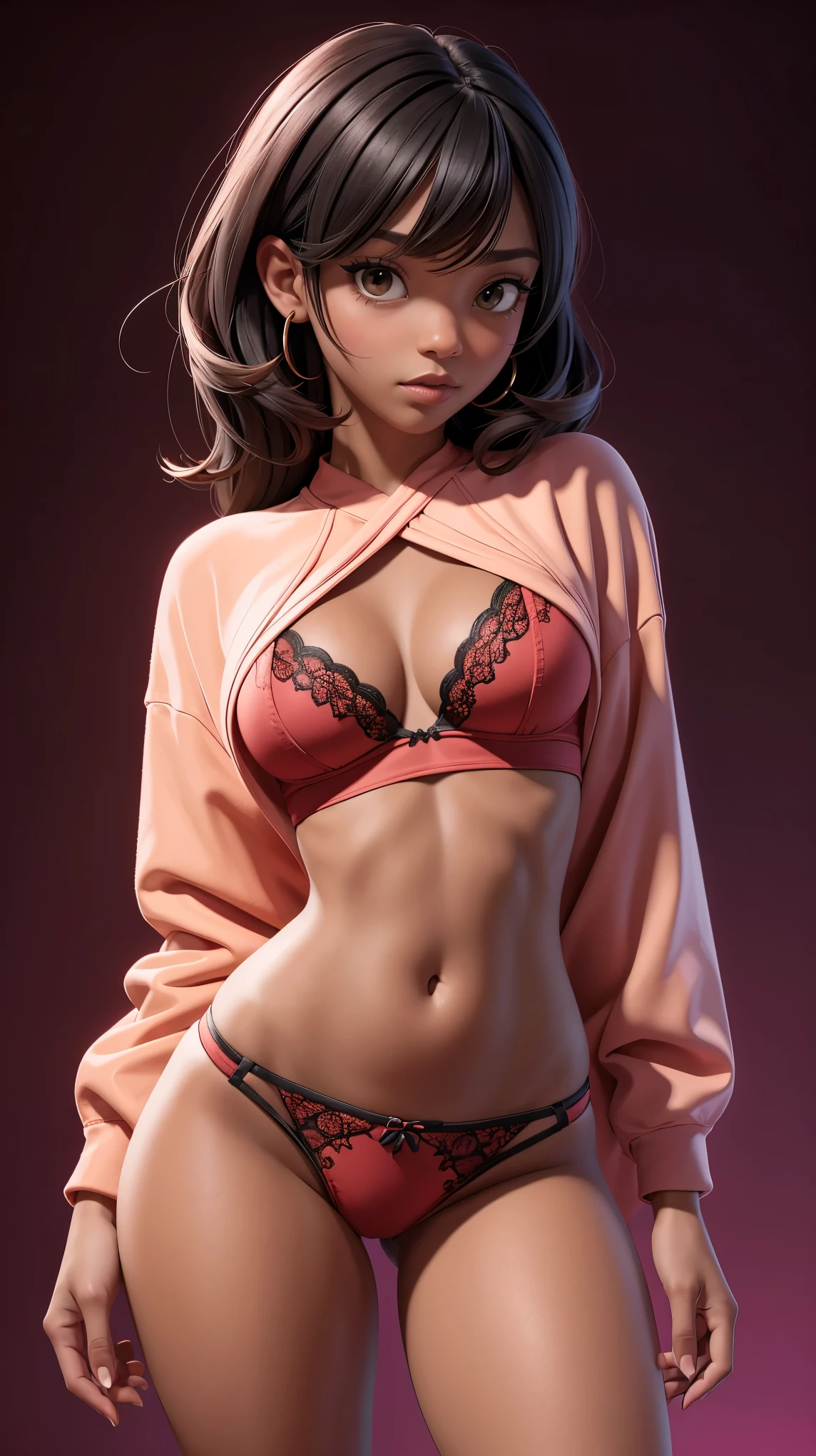 Black female. A red girl, wearing a blank oversized heavy cotton pink and yellow lingerie, gen-z style, small crew neck, colorful background, ultra hd, realistic, vivid colors, highly detailed, UHD drawing, pen and ink, perfect composition, beautiful detailed intricate insanely detailed octane render trending on artstation, 8k artistic photography, photorealistic concept art, soft natural volumetric cinematic perfect light