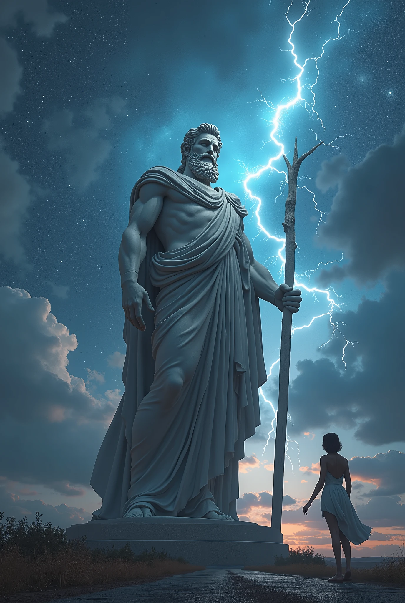 ((work of art))，(best qualityer))，greek style，in the universe，A huge statue of the God Zeus stands in space，Look to the camera，Zeus standing，Zeus holding a thunderbolt, glimmering，glow effect，naked woman on the road，Hyper-Realism，hyperphotorealism，real photography，8k，High definition，high qualiy，work of art，very well, (((offwhite)))，Discoloration，blurring，inking，8k，very well，high qualiy，(((oc renderer)))