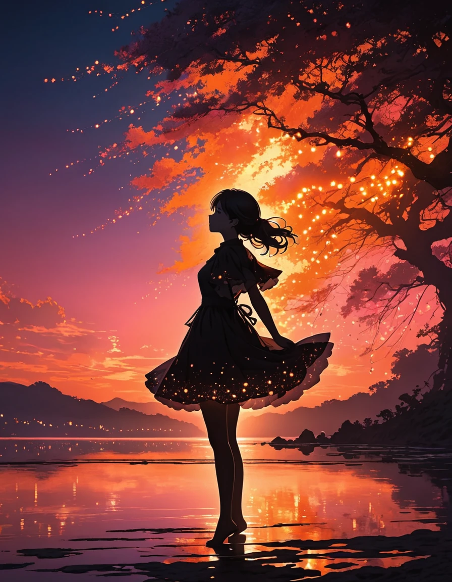 The image depicts a silhouette of a girl standing against a stunning sunset background. The sky transitions from a deep pink near the horizon to a deep Orange as it ascends. The figure appears to be enveloped in a series of tiny glowing fairy lights, some of which are illuminated, creating a stunning and captivating contrast to the dark silhouette. The figure appears to be holding out one arm, perhaps adjusting to or interacting with the lights. The overall mood of the image is peaceful and magical.
